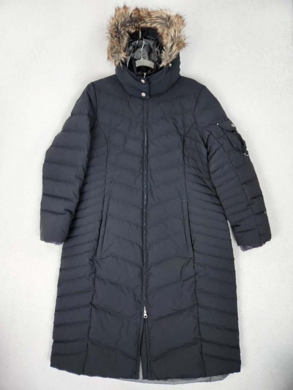 Eddie Bauer Coat Womens XL Petite Black Down Puffer Hooded Faux Fur Long Parka